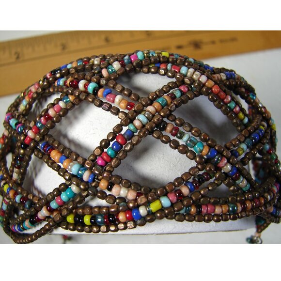 Vtg Criss Cross Wire & Bead 2" Cuff BRACELET, Bronze & Multicolored G26L - Picture 2 of 9